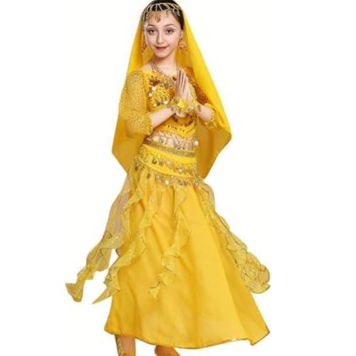 Kinder Mädchens Damen Bauchtänzerin Indische Langarm Top Rock Tanzkleid Kostüme Gelb XL Höhengeeignet 135-150CM