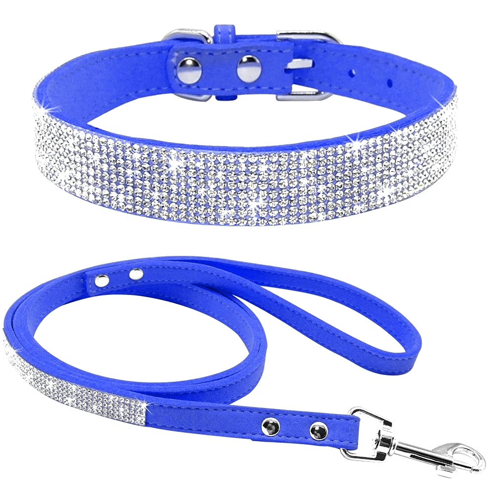 Strass-Hundehalsband, niedlich, schillernd, funkelnd, weiches Samt-Leder-Hundehalsband und Leine, Set für kleine Haustiere, Hunde, Katzen, Welpenhalsband (L: 38–46 cm, Dunkelblau)