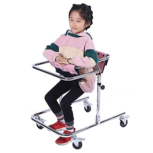 Kinder-Rollator-Gehhilfe mit Sitz für Rehabilitationstraining, Kinder mit Zerebralparese, Hemiplegie-Hochleistungs-Stehhilfe, vierrädrige Gehhilfe (Color : Pink, Size : S)