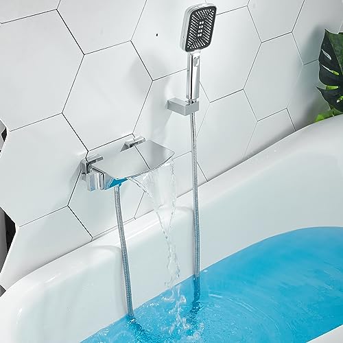 LPLYAA Wandmontierte Badewanne mit Wasserfall, Badezimmer mit Duschwanne, Mischbatterie, Handbrause und 1,5 m Schlauch, Chrom Vision