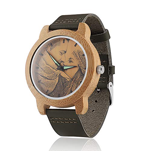 Godmoy Personalized Wood Watch Custom Photo Watch with Engraving and Unisex Analog Dial Sport Quartz Watch Leather Strap Diameter