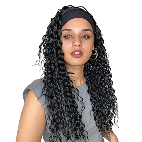 Damen Perücken 24 Zoll schwarz gewellte lockige Frisur Dekor Stirnband menschliches Haar Curly Deep Wave 24 Zoll