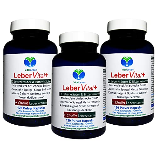 Leber Vital PLUS 12 Leberkräuter & Bitterstoffe + CHOLIN 360 (3x120) Kräuter Kapseln. Leberfunktion + Reinigung & Entgiftung unterstützen NATUR pur OHNE Zusatzstoffe. 26454-3