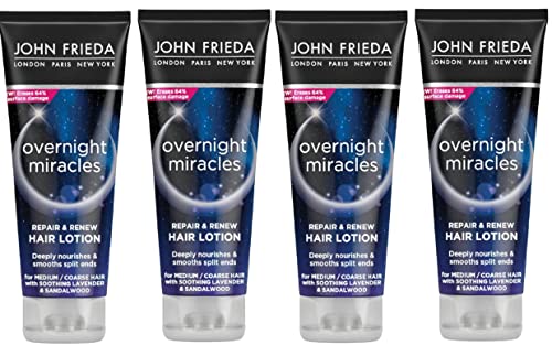 John Frieda Overnight Miracles Repair & Renew Lotion Leave In Conditioner (4 Stück) je 100 ml für mittelgroßes oder grobes Haar glättet die Spaltspitzen