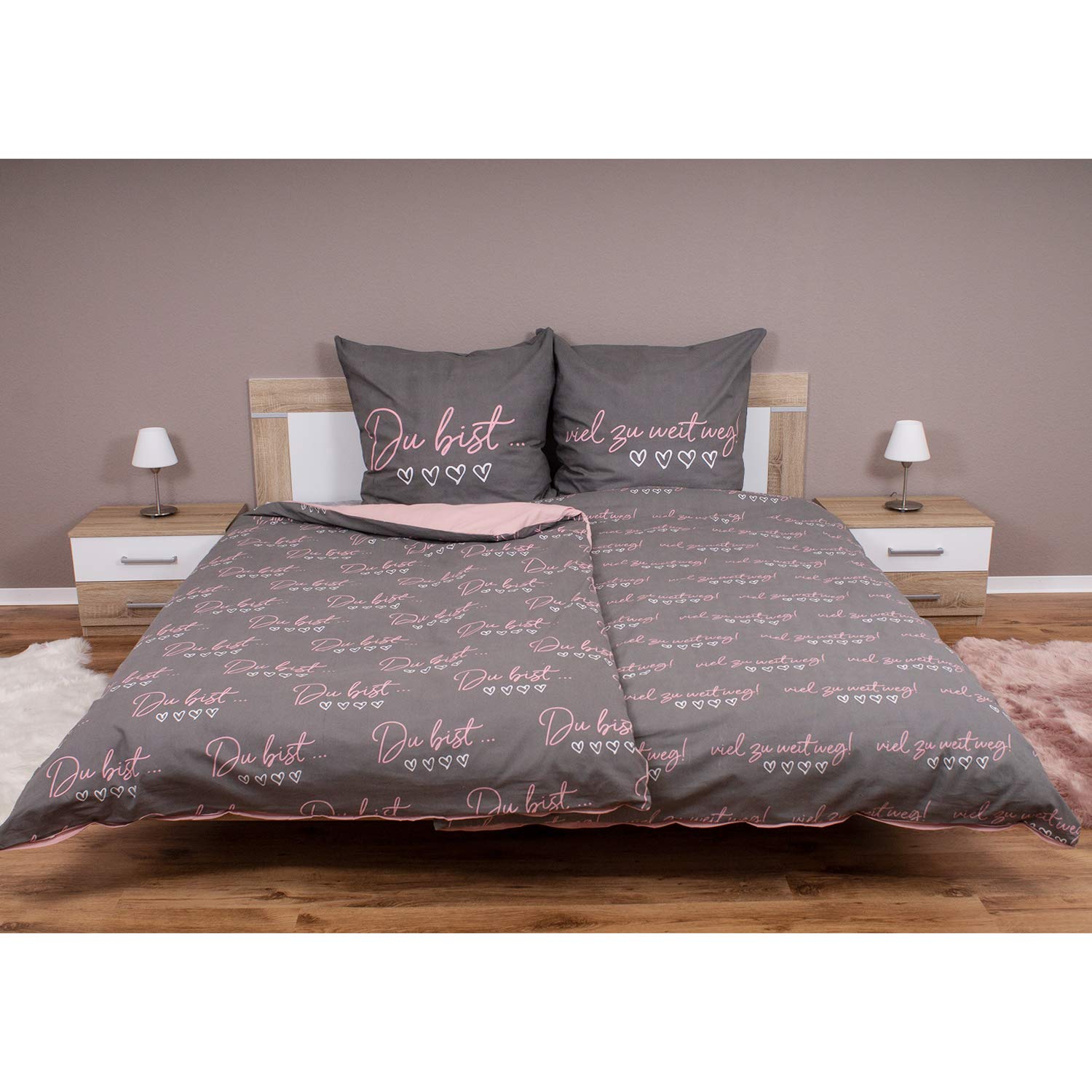 INDA-Exclusiv 4-teilige Renforcé Partner Bettwäsche Bettbezug Grau/Rosa Schriftzug Baumwolle mit Reißverschluß 135x200cm + 80x80cm