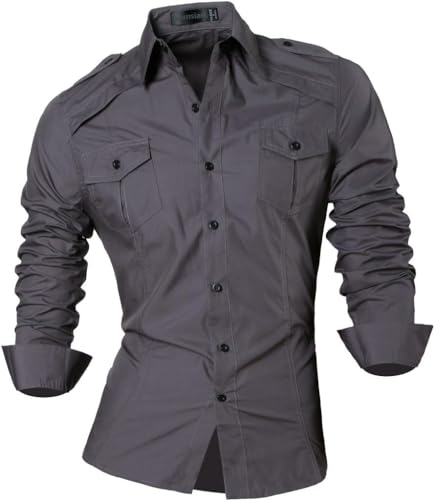 jeansian Herren Freizeit Hemden Shirt Tops Mode Langarmshirts Slim Fit 8001 Gray L