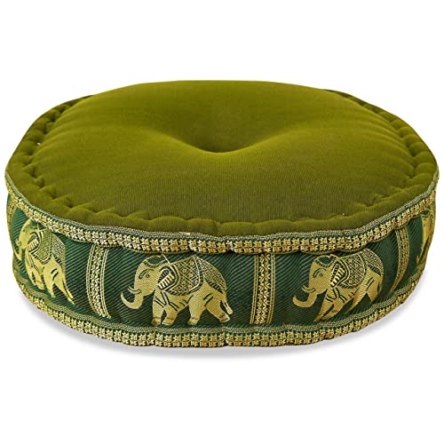 livasia Zafukissen Seide mit Kapokfüllung, Meditationskissen, Yogakissen, rundes Sitzkissen/Bodenkissen (grün/Elefanten)