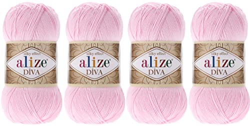 Alize Diva Thread Häkeln, 4 Stück, 400 g, 1532 m, 100 % Mikrofaser, Acryl, Farbe 185 Baby Pink, 4 Stück