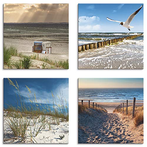 Artland Leinwandbilder auf Holz Wandbild Bild Set 4 teilig je 30x30 cm Quadratisch Landschaft Strand Natur Strand Ostsee Sand Düne Gräser K2VB
