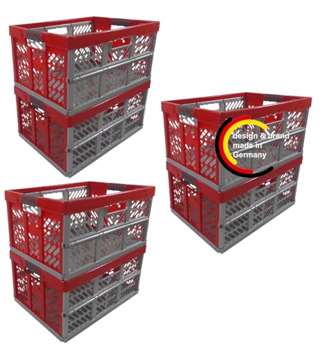 KiNDERWELT 6 x Robuste Profi - Klappbox 45 L bis 50 kg - Faltbox, Kiste, Korb zur Aufbewahrung, Transport - rot/silber
