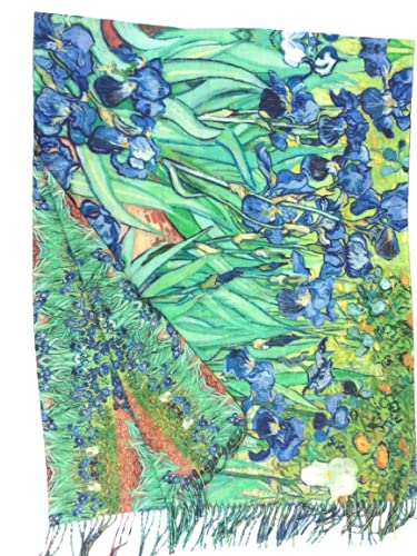 Viskose-Schal mit Doppeldruck, Geschenk für Damen, Geburtstag, Weihnachten, Kunst, Mode, Stola Pashmina, Ball, Fashion, van Gogh Amsterdam Iris Blumen