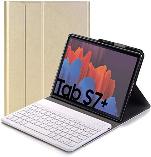 RLTech Tastatur Hülle for Samsung Galaxy Tab S7+,(QWERTY Layout) Ultradünn Flip Entfernbar Drahtloser Keyboardständer Ledertasche für Samsung Galaxy Tab S7+/S7 Plus T970/975/976 2020, Gold