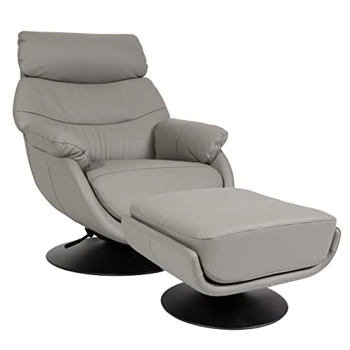 Mendler Relaxsessel mit Hocker HWC-K99, Fernsehsessel Sessel, Wippfunktion drehbar, Metall Echtleder/Kunstleder - grau
