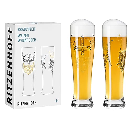 RITZENHOFF 3481009 Weizenbierglas 500 ml - 2er Set - Serie Brauchzeit - Wikinger Motiv, Gold - Made in Germany