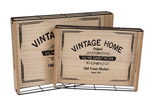 ootb Tablett mit Aufschrift "Vintage Home", aus Holz und Metall, 2er Set, ca. 34 x 24,8 cm und ca. 28 x 20 cm