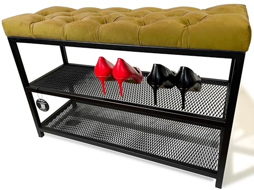 FLEXISTYLE Loft Schuhschrank mit sitzbank schwarz breit Holz Eiche gepolstert Metall Industrial Style (Golden, 80 cm breit)