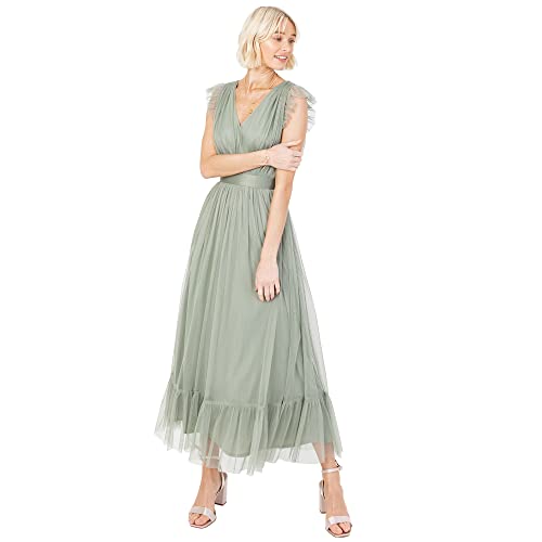 Anaya with Love Damen Ladies Maxi Dress for Women V Neckline Sleeveless Frilly for Wedding Guest Bridesmaid Prom Long High Empire Waist Tiered Kleid, Frosted Green,