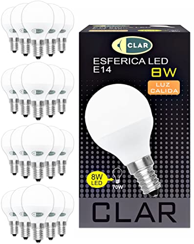 CLAR - Led Lampe E14 8W, E14 Glühbirne, Led Leuchtmittel E14, (Entspricht 60-70W), LED Glühbirne, LED E14 8W Warmweiß 3000ºK (Pack 20)
