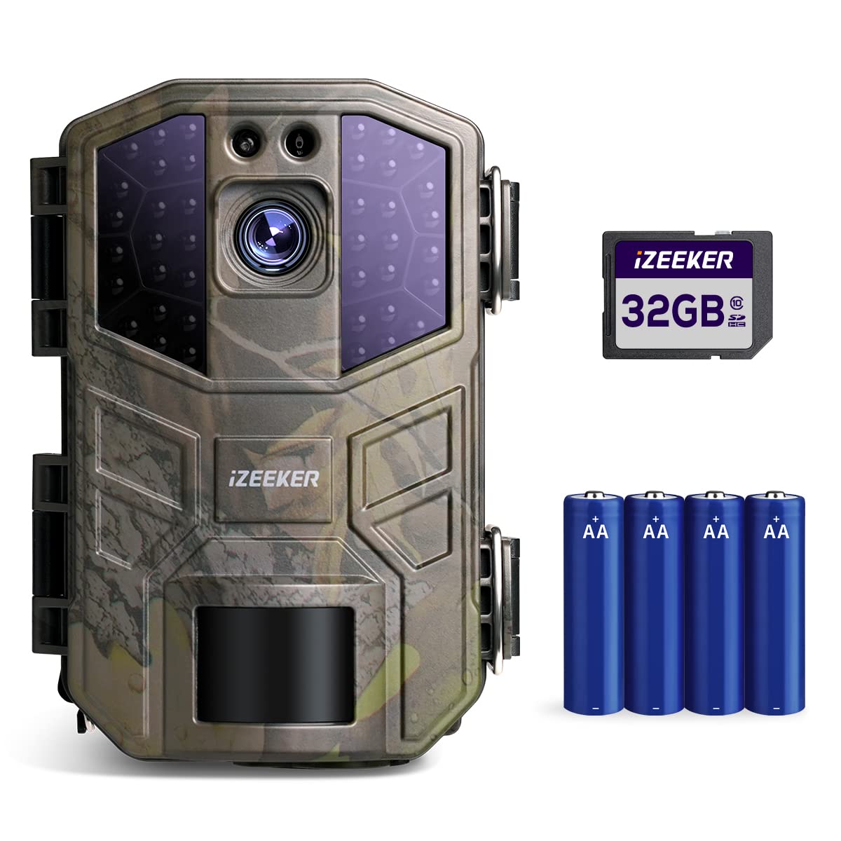 iZEEKER Wildkamera, 4K 48MP 30fps Wildkamera mit Bewegungsmelder Nachtsicht Weitwinkelobjektiv 0,1s Trigger Geschwindigkeit 2s PIR-Intervall IP66 Wasserdicht mit 32GB SD-Karte und 4 AA Batterien