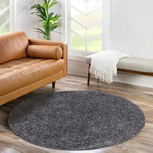 carpet city Shaggy Hochflor Teppich - Rund 120 cm - Anthrazit - Langflor Wohnzimmerteppich - Einfarbig Uni Modern - Flauschig-Weiche Teppiche Schlafzimmer Deko