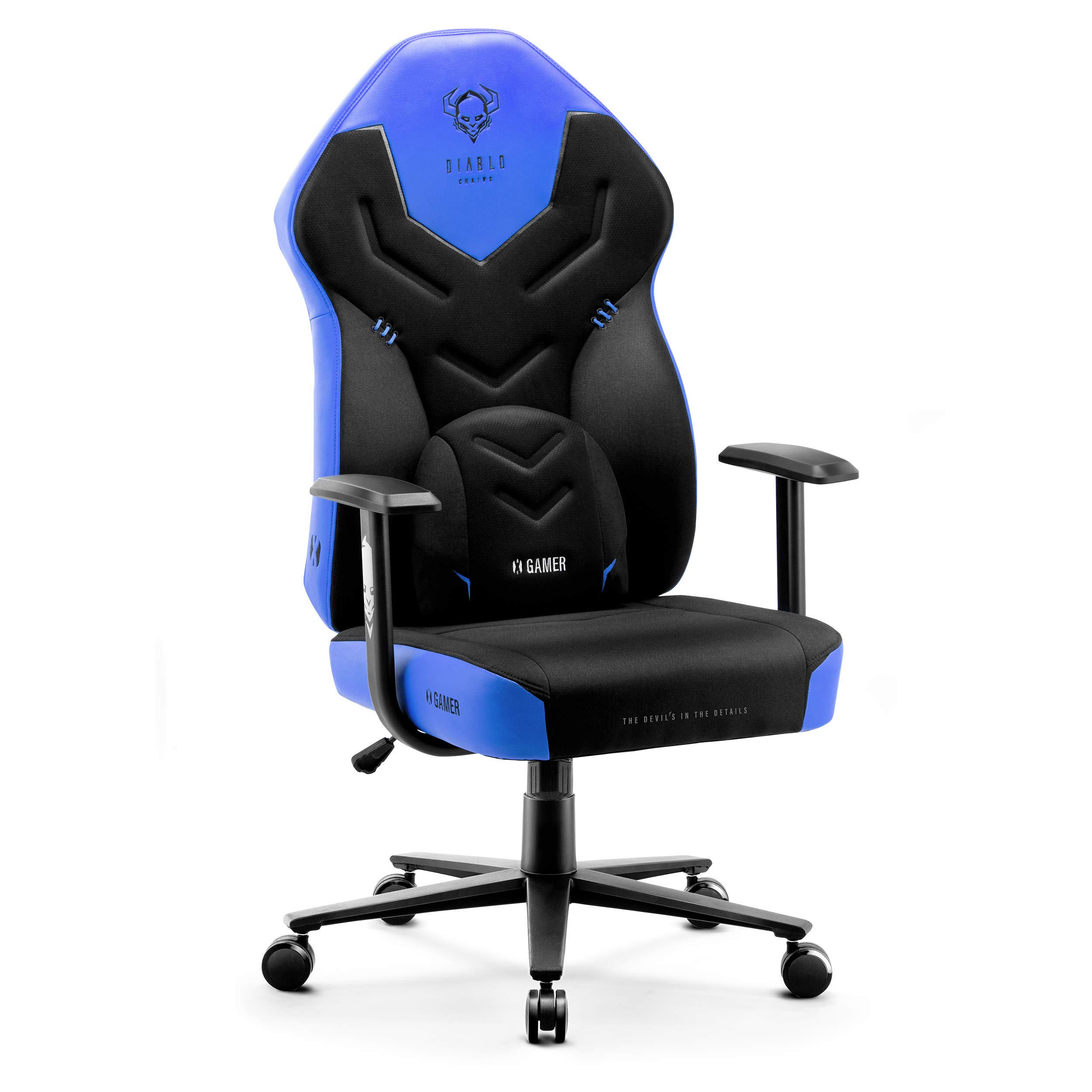 Diablo X-Gamer 2.0 Gaming Stuhl Bürostuhl Stoffbezug Ergonomisches Design Lendenwirbelkissen Softpadauflage (Schwarz-Blau)