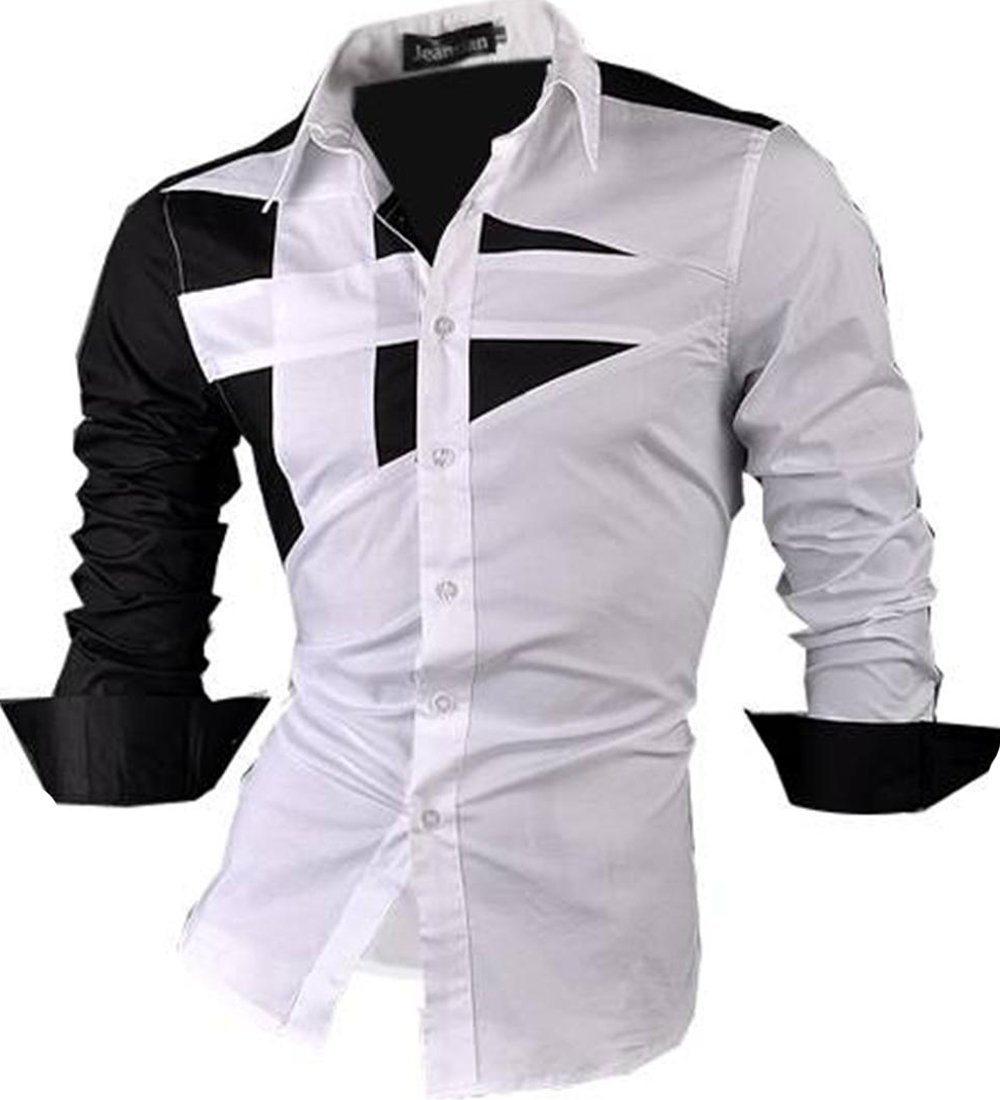 jeansian Herren Freizeit Hemden Shirt Tops Mode Langarmshirts Slim Fit 8397 White S