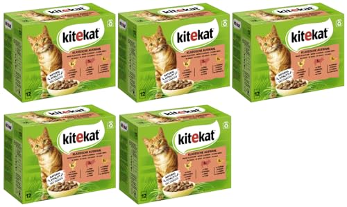 KITEKAT Portionsbeutel Multipack Katzenfutter Nassfutter (5X 12x85g, Klassische Auswahl in Sauce)