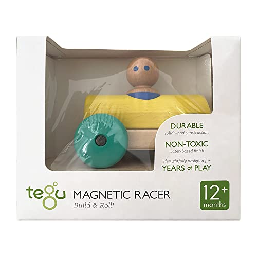 Tegu 5700673, magnetisches Spielauto, Holzspielzeug ab 12+ Monaten, Magnetic Racer gelb-grün, 3 Teile