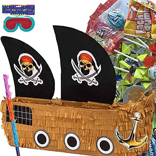 Carpeta Pinata Set: * Piratenschiff * + Maske + Schläger + 100-teiliger Süßigkeiten-Füllung No.1 Handgefertigte Piraten Pinata | Tolles Spiel für Kindergeburtstag und Motto-Party