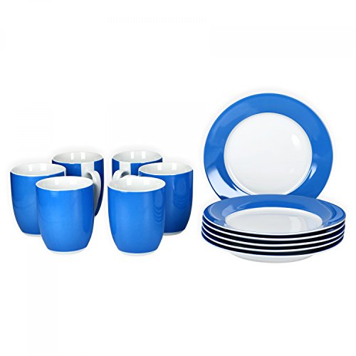 Van Well Frühstücksset 12-TLG. für 6 Personen Serie Vario Porzellan - Farbe wählbar, Farbe:blau
