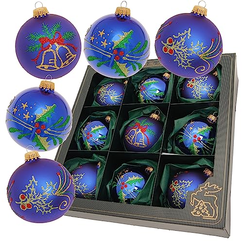 Krebs Glas Lauscha - Weihnachtsdekoration/Christbaumschmuck aus Glas - Weihnachtskugeln - Motive: Glocken und Weihnachtsstern - Farbe: Blau - Inhalt: 9 Stück - Größe: 11 cm