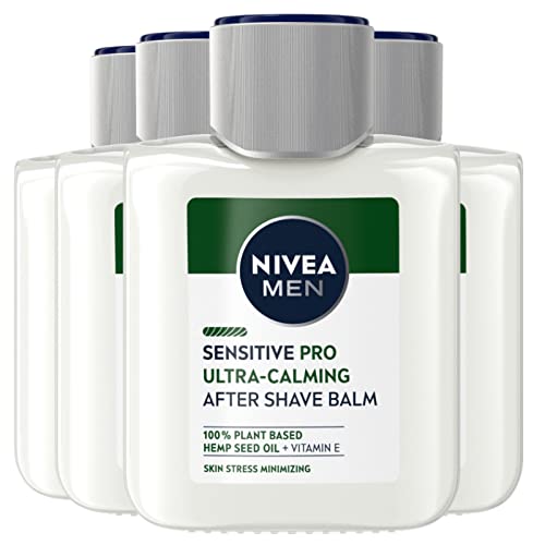 Nivea Men Sensitive Pro Aftershave Balsam Ultra-Calming After Shave Herren mit Hanfsamenöl und Vitamin und beruhigendem Bartbalsam – 4 Flaschen à 100 ml