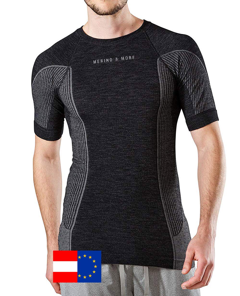 Merino & More Merino Shirt Herren - Premium Funktionsunterwäsche aus hochwertiger Merinowolle - Sport - Funktionsshirt - Kurzarm schwarz-grau Gr. S