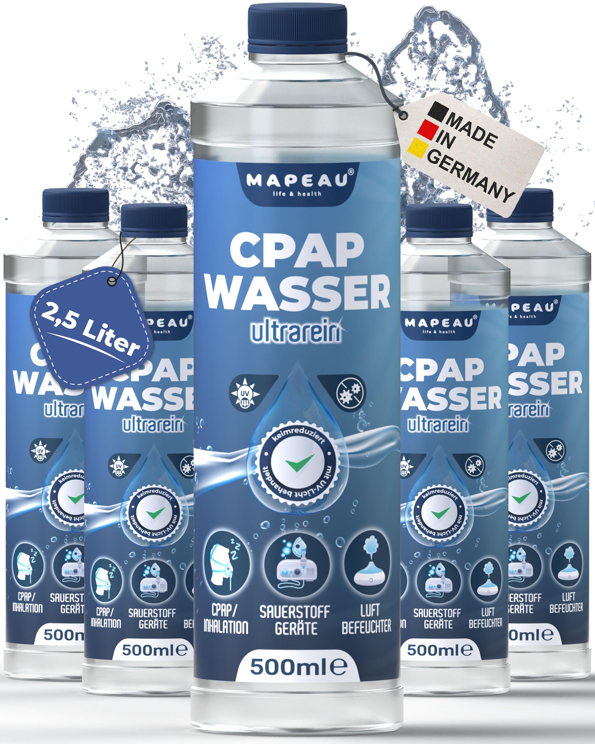 Mapeau CPAP destilliertes Wasser für CPAP-Geräte, Wasser für Sauerstoffgerät, Inhalator, Luftbefeuchter, Atemgas-Befeuchtung (5x 500ml)