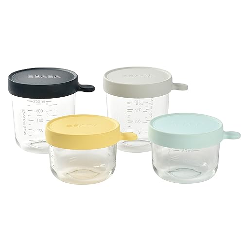 BÉABA, Set of 4 Extra Resistant Baby Food Storage Glass, Made in France, 100% Airtight, Thermal Shock Resistant, Freezer, Sterilization, Graduation, 2X 150 ml - 2X 250 ml Yellow
