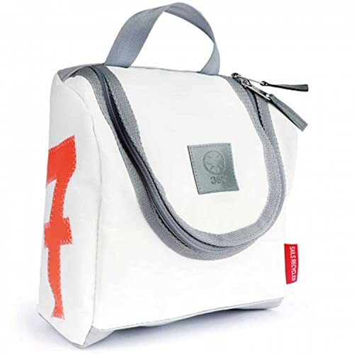 360° Grad Kulturtasche, Waschbeutel, Matrose XL aus Segeltuch, weiß, Zahl neon orange, Gurt dunkelgrau