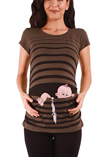 Baby Flucht - Lustige witzige süße Umstandsmode/Umstandsshirt mit Motiv für die Schwangerschaft/T-Shirt Schwangerschaftsshirt, Kurzarm (Khaki, X-Large)