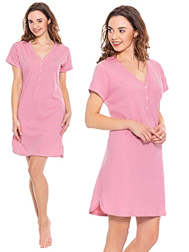 Sibinulo Damen Nachthemd V Ausschnitt Nachtwäsche Kurzarm Nachtgewand 100% Baumwolle Pyjama Sleepshirt Sexy Schlafshirt Schlafanzug Puderfarbe XL