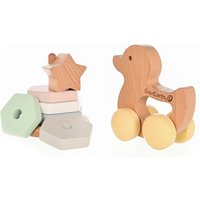 EverEarth Baby Geschenkset aus Holz - Geschenk Set zur Geburt für Jungen, Mädchen und werdende Eltern - Holzspielzeug Babygeschenk aus Stapelturm und Enten Greifling - Neugeborenen Geschenke EE33903