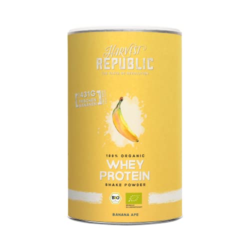 Harvest Republic Bio Whey Protein Smoothie Shake Pulver 320g, Eiweiss aus Bio Molke mit Bio Früchten für Muskelaufbau mit BCAAs, EAAs, Vitaminen, Mineralien, natürlich und ohne Zusatzstoffe (Banane)