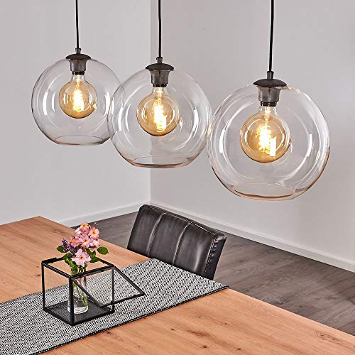 Hängeleuchte Minhe aus Metall/Glas in Grau/Silber/Klar, Hängelampe 3-flammig, 3 x E27 max. 60 Watt, max. Höhe 153 cm, Pendelleuchte im Retro-/Vintage-Look m. Glaskugeln, LED geeignet