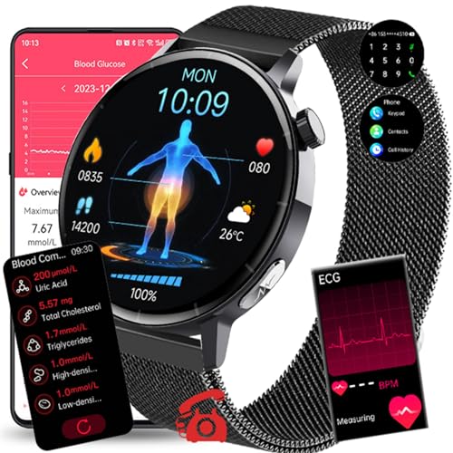 Fohatu 𝐄𝐂𝐆𝐏𝐏𝐆 Smartwatch 𝐛𝐥𝐮𝐭𝐳𝐮𝐜𝐤𝐞𝐫𝐛𝐥𝐮𝐭𝐳𝐮𝐜𝐤𝐞𝐫𝐦𝐞𝐬𝐬𝐮𝐧𝐠,Smartwatch Mit Bluetooth-Anrufe Harnsäure Blutfette Blutdruck Monitor,C