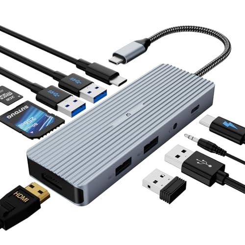 10-in-1-Dockingstation USB-C-Hub mit 4K HDMI, USB-C-Datenübertragungsanschluss, 2 x USB 3.0 Typ-A, 2 x USB 2.0 Typ-A, SD/TF-Kartenleser, 3,5 mm Stereo-Klinkenstecker für Mac OS und Windows