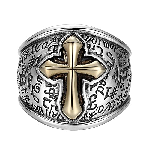 S925 Sterling Silber Herren-Ring mit Kreuzmuster, Gothic Vintage, offener, verstellbarer christlicher Kreuz-Runenring