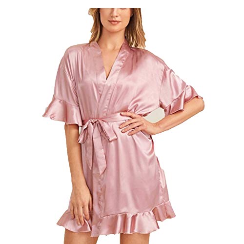 Damen Kimono Roben Morgenmantel, Damen Robe Nachthemd Kleid Imitation Seide Roben V-Ausschnitt Soft Print Bademantel Pyjama Pink-M