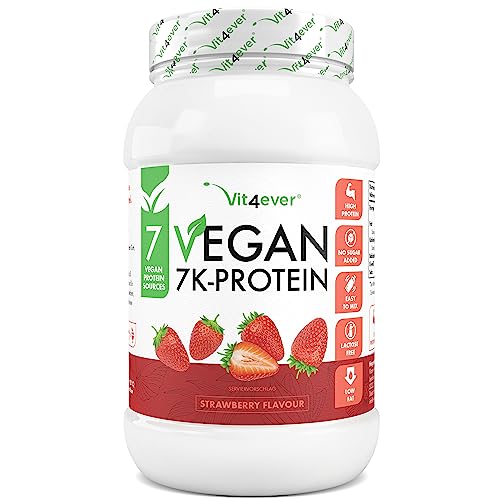 Vegan 7K Protein - 1kg - Erdbeere - Rein pflanzliches Eiweißpulver mit Reis-, Mandeln-, Soja-, Erbsen-, Hanf-, Cranberry-, Sonnenblumenprotein