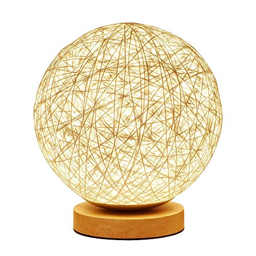 Holz Tischlampe,SUAVER Creative Rattan Ball LED Tischleuchte, USB Nachttischlampe für Schlafzimmer Wohnzimmer, Studio, Café, Babyzimmer,Studentenwohnheim dekorative Tischlampe (Ball)