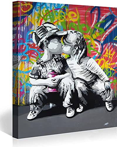 Banksy Bilder Leinwand Children Kissing Graffiti Street Art Leinwandbild Fertig Auf Keilrahmen Kunstdrucke Wohnzimmer Wanddekoration Deko XXL 60x100cm(23.6x39.4inch)