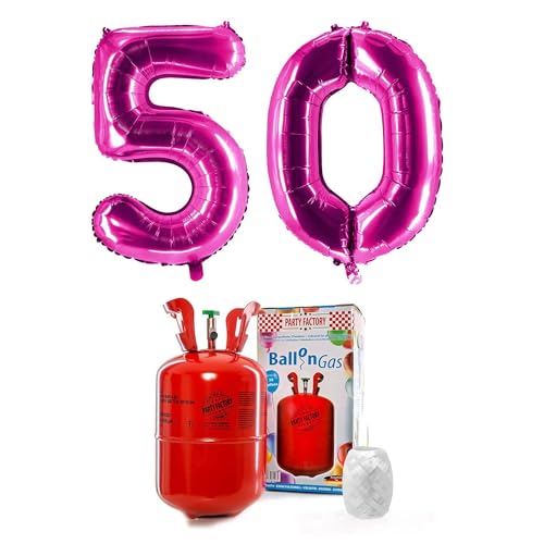 PARTY FACTORY Helium Set "50" mit XXL Zahlenballons, Ballongas und Ballonschnur - für Geburtstag, Jubiläum, Jahrestag; Gold, Silber, Schwarz, Pink, Rosa, Rosagold, Bunt (Pink)