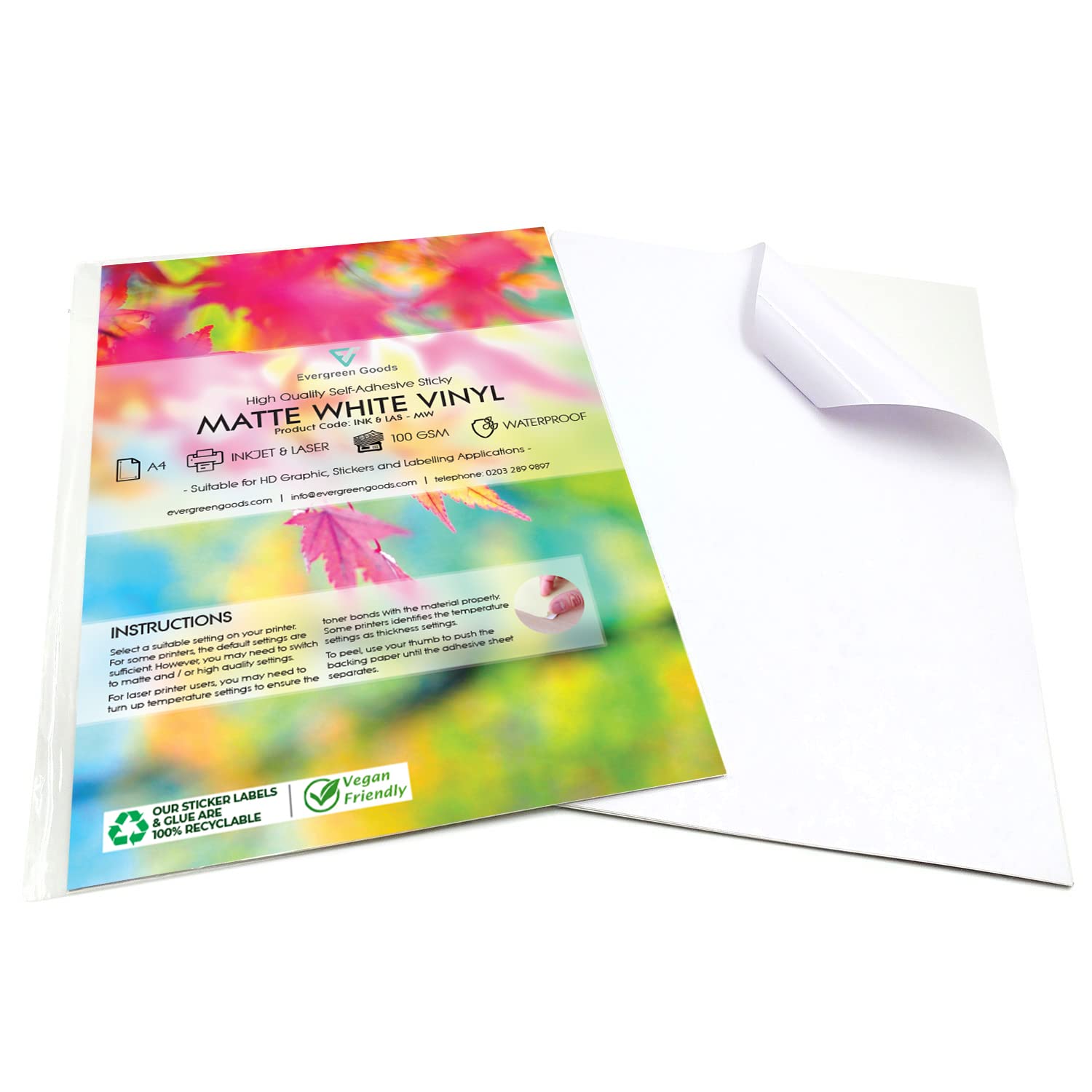Evergreen Goods 100 Blatt A4 mattweißes, wasserfestes, selbstklebendes Vinyl-Aufkleberpapier, sehr robustes Druckpapier für Tintenstrahl- und Laserdrucker, Aufkleberbögen für Etiketten Aufkleberdruck